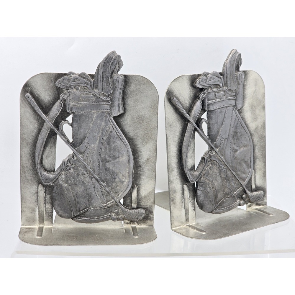 2 Lot Of VINTAGE Detailed Pewter Golf Bag & Clubs -‎ Bookends Silver Tone 6"x5"